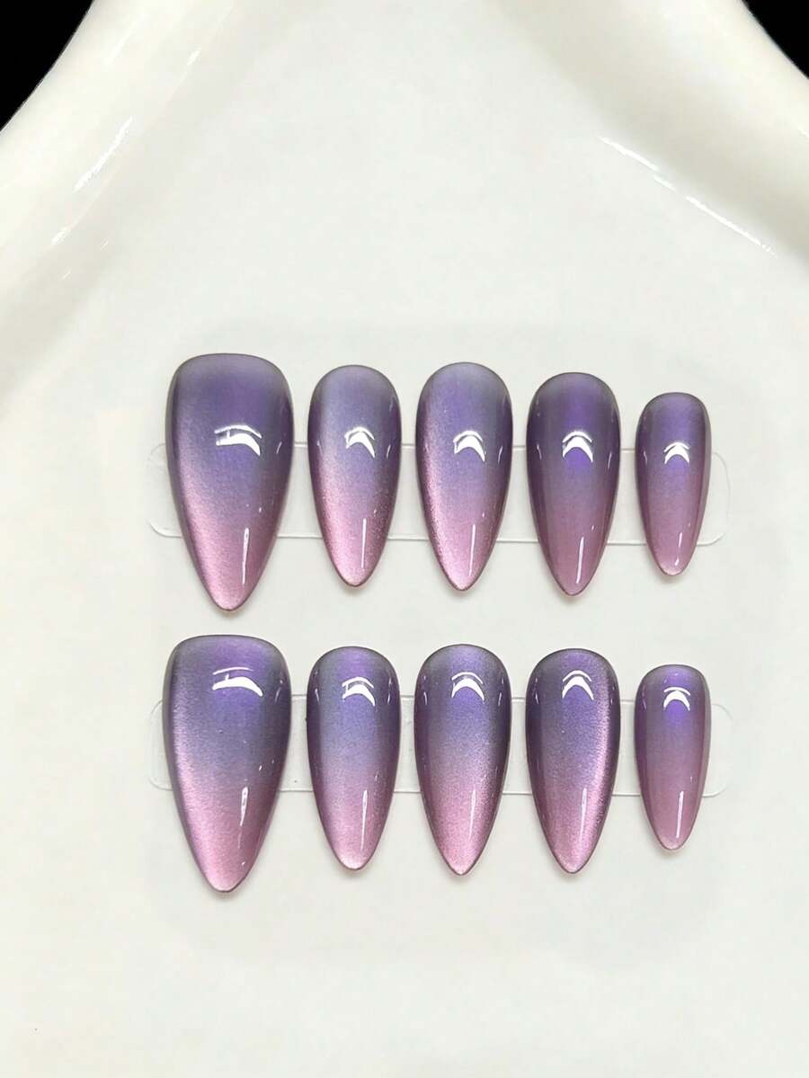 10pcs Medium Almond-Shaped Handmade Nail Stickers, Suitable For Parties And Daily Wear, Pink Series; 10pcs Dreamy Blue Cat Eye Charming Cool Girl Handmade Nail Stickers, Summer Nails; 10pcs Y2K Style Handmade Nail Stickers, Shiny And Bright, Summer Nails, Suitable For Girls And Ladies For Holidays, Parties And Daily Wear - Blue - View 1