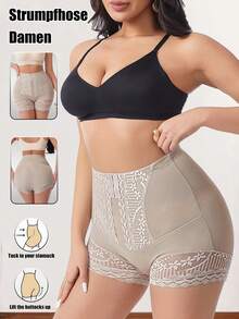 Panty de compresión alta con cierre delantero para mujer, moldeador de cintura, decoración de encaje - Caqui - Ver 5