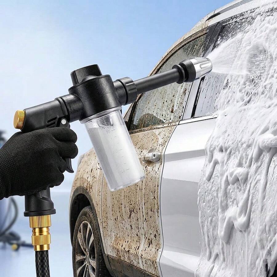Cañón de espuma de alta presión, pistola de agua multiusos para lavado de autos con botella de espuma, mango largo resistente con boquilla ajustable, espuma espesa y fuerte descontaminación, conexión rápida, sin batería requerida