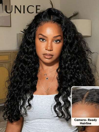  Wigs 100% Human Hair Bye Bye Knots 7x5 Inch Pre Cut Lace Invisible Knots Wig Pre Cut Pre Bleached Pre Plucked Bye Bye Slip Wear Go Glueless Wig Water Wave Lace Front Wig For Women Unice Hair