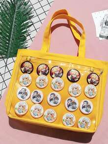 Kawaii Japanese Style Single-Sided Canvas Ita Tote Bag, Multi-Way Shoulder Handbag For Anime Pins - 黃色 - 查看 5