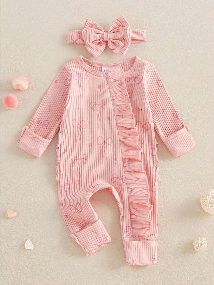 Baby Girl Spring Fall Winter Clothes Newborn Baby Girl Hospital Going Home Outfit Ribbed Footed Romper Bow Print Long Sleeve Full Length Ruffle Zipper Footie Jumpsuit Headband - Pink - View 1