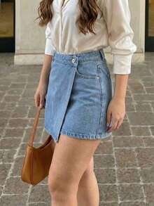 Falda-Short Skort Mini, Shorts cortos vaqueros casuales de tela suave y cómoda con envolvente, versátiles para el verano - azul claro - Ver 2