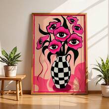 墙面装饰画，复古海报，粉色超现实主义眼睛与花卉艺术印刷品，时尚简约的粉色棋盘格花瓶帆布画，适合卧室和客厅装饰，乔迁礼物，不含画框 - A - 查看 4