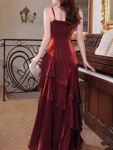 Women's Elegant Vintage Green Formal Party Dress, Slim Fit Spaghetti Strap Cocktail Gown For Birthday, Wedding Guest, New Year Spring - Màu Đỏ Sâu - Xem 5