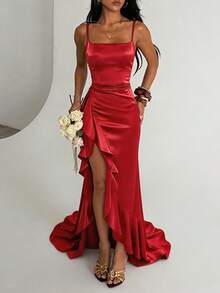 Women Summer Dress, High-End Elegant Sexy Spaghetti Strap Ruffle Hem Slit Dress Party Dress For Women, Suitable For Valentine's Day, Dates, Gatherings, Parties, Travel, Vacation, Beach Wedding Spring - 紅色 - 查看 1