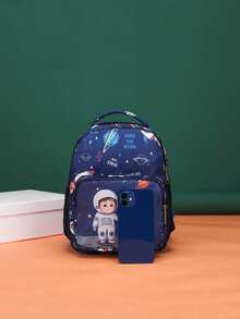 Fashionable Cute Cartoon Excavator Printed Backpack, Random Print Placement - Astronaut Blue - View 2