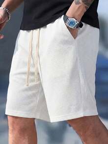 1pc Men's White Contrast Color Drawstring Waist Shorts, Waffle Texture, Breathable Knit Fabric, Comfortable Loose Casual Shorts, Suitable For Daily, Home, And Commute - White - View 1