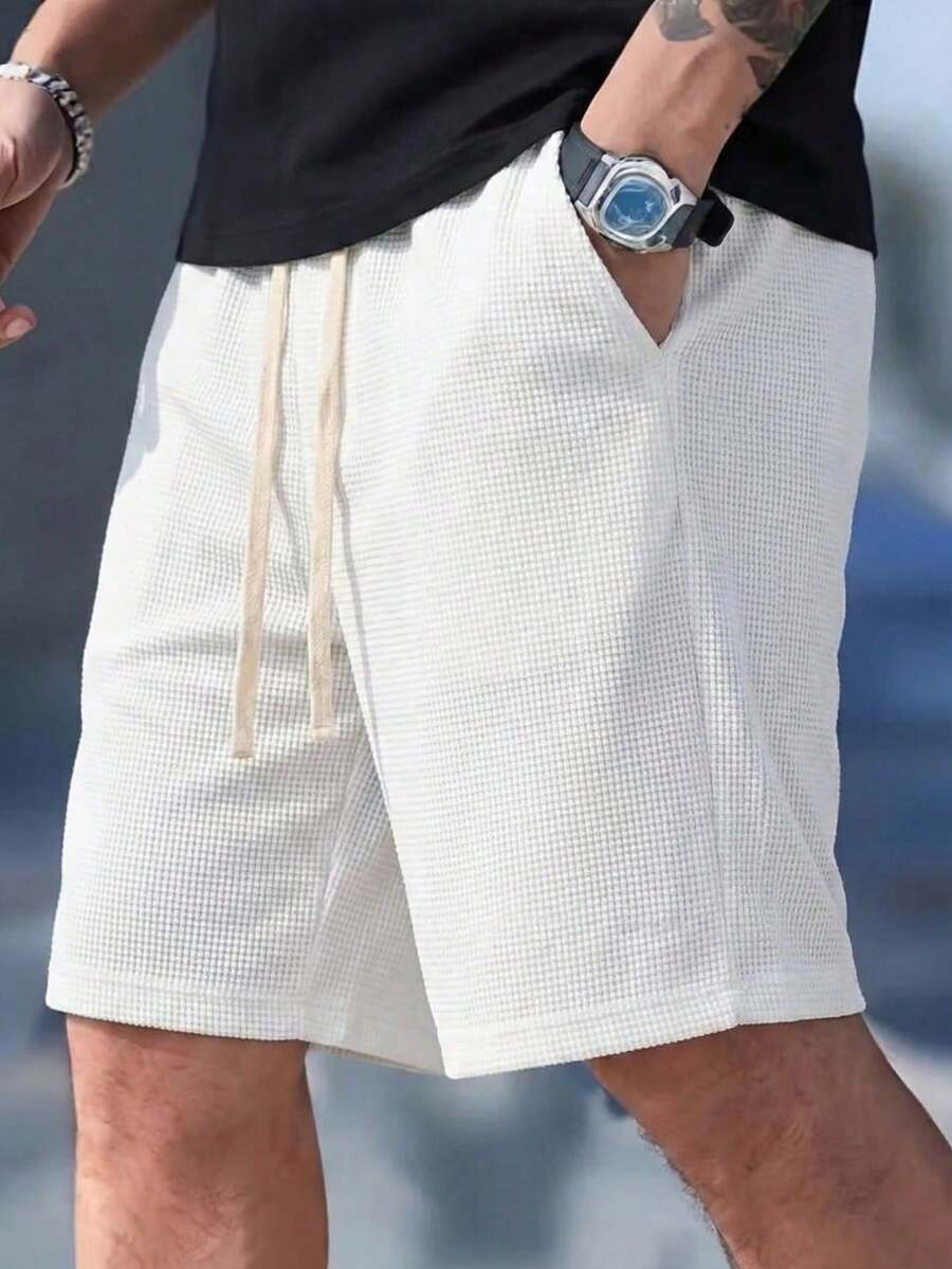 1pc Men's White Contrast Color Drawstring Waist Shorts, Waffle Texture, Breathable Knit Fabric, Comfortable Loose Casual Shorts, Suitable For Daily, Home, And Commute - White - View 1