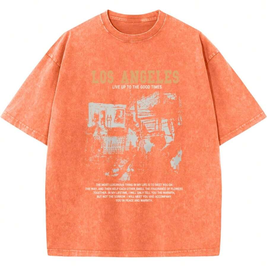 Oversized Graphic Tshirts For Men Acid Wash Los Angeles Vintage Tees Streetwear Baggy Cotton Shirts Casual Topssummer Outfits For Women - 橘色 - 查看 1