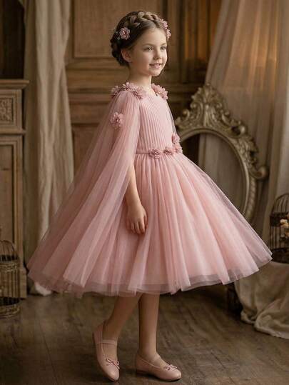 Young Girl 3D Rose Decor Pleated Tulle Princess Dress, Elegant Tulle Overlay Birthday Party Gown, Suitable For Banquet, Wedding, Formal Event, Prom, Vacation, Graduation Ceremony