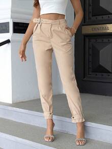 Women's Casual High Waist Belted Pants Spring - Khaki - View 6