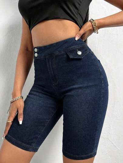 Women's Stretchy Denim Shorts With Button Closure Comfortable Daily Wear