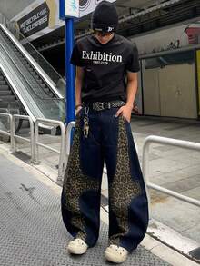 1pc Justice Brother Casual High Street Niche Design Leopard Print Patchwork Men's Blue Denim Jeans, Versatile Loose Fit Wide Leg Pants, All Season - Blue - View 1