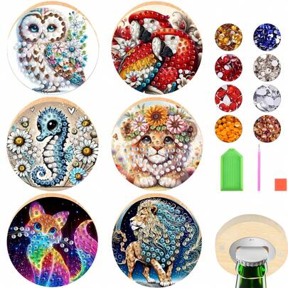 1件装钻石画开瓶器套装，猫头鹰、鹦鹉、海马、狮子、猫咪图案，手工DIY圆形水晶人造宝石镶嵌钻石工艺工具，包含钻头，装饰实用两用，适用于酒吧、烧烤、派对等场合，可用作派对装饰工具和装饰性瓶盖去除器。