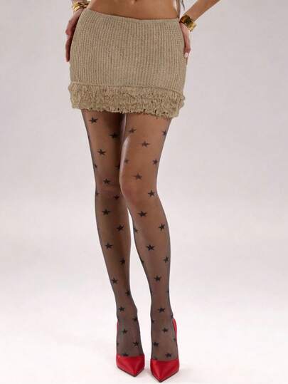 1件装女士夏季潮流袜子，Y2K Baddie风格植绒五角星透明连裤袜，黑色透明连裤袜，修身显瘦长袜