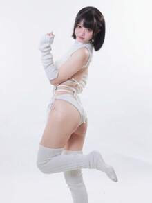 Sexy Cutout Knit Bikini Sweater Cosplay Set For Women – High Neck Anime-Inspired Doll Style Costume, 7-Piece Outfit With Top, Bikini, Gloves, Socks & Garter - 白色 - 查看 9