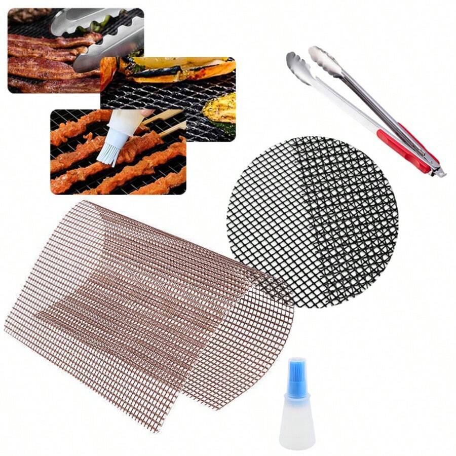 Bộ 3 món gồm: Thảm nướng chống dính, lưới nướng, bình dầu tái sử dụng, cọ rửa, kẹp vỉ nướng, dụng cụ nướng dễ vệ sinh. - Nhiều màu - Xem 1