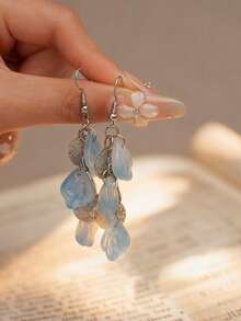 一对蓝色渐变贝壳花瓣夹式耳环，流苏吊坠，无需耳洞即可佩戴，海滩度假风 - 淺藍色 - 查看 7