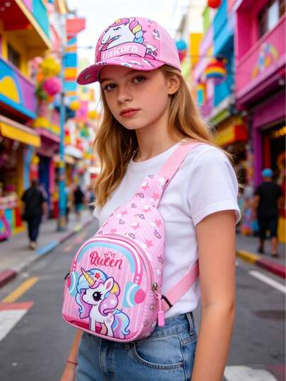 Bộ 2 món cho bé gái: Mũ lưỡi trai hình kỳ lân & Túi đeo vai/đeo hông hình kỳ lân - Hoàn hảo cho mùa tựu trường và thời trang hàng ngày, là món quà lý tưởng cho mùa tựu trường.