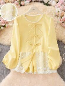 Women's Sweet Bowknot Round Neck 3/4 Sleeve High Waist Blouse With Embroidery Patchwork, Tops, Summer Tops Spring - Light Yellow - View 2