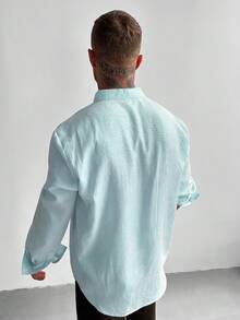 GloMan 男士半開襟立領亞麻長袖襯衫，輕量透氣寬鬆休閒風，適合夏季度假、派對、辦公室日常穿著，男士禮物 - 青碧色 - 查看 8