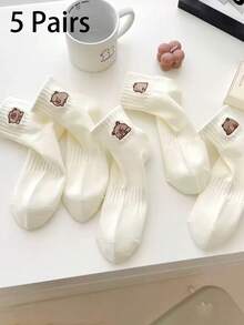 5双装女士组合袜，白色，卡通熊刺绣，春夏百搭款式，针织透气面料，ins风，少女风隐形船袜，居家、通勤、聚会、运动、上学、节日礼物 - 彩色 - 查看 5