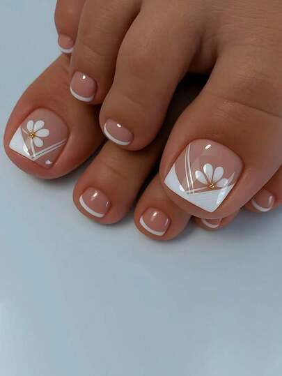 Y2K Cute White Rim Floral Petal French Minimalist 24pcs Short Square Toe Nail Stickers, Adhesive Nail Wraps Suitable For Office Ladies, Daily Wear, Dates, Afternoon Tea, Outings