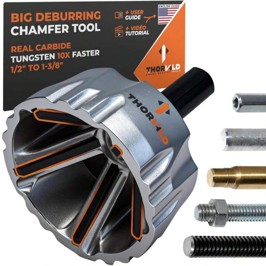 THORVALD Big Deburring External Chamfer Tool With Tungsten Carbide Blade - Deburr Tool For All Thread, All Metal Rod, Pipe, PVC - 1/2" To 1-3/8" Diameter (12~35mm) - User Guide + Tutorial Video - ColorA - View 1
