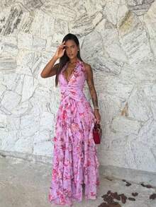 Elegant Long Dress Halter Off Shoulder Backless Dress For Women Slim Fit Long Formal Gown For Luxury Evening Party, Fashion & Graceful Strap Sexy Tie-Up Ruffle Hem Slit Dress - 粉紅紫色 - 查看 8