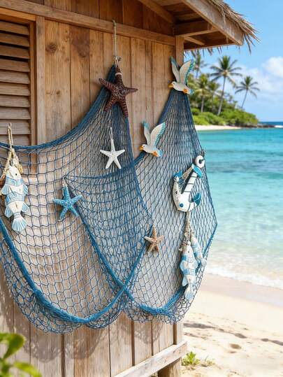1pc-Fish Net Decorations For Party, Starfish Shell Fishing Net Decoration Fishing Net Decoration, Natural Fishing Net Wall Decoration, Cotton Hawaiian Party Fishing Net Decoration, Fishing Net Party Accessories And Ocean-Themed Wall Decoration Suitable For Hawaiian Decor, Party Wall Decorations, Home Decor, And Bohemian Style Decor