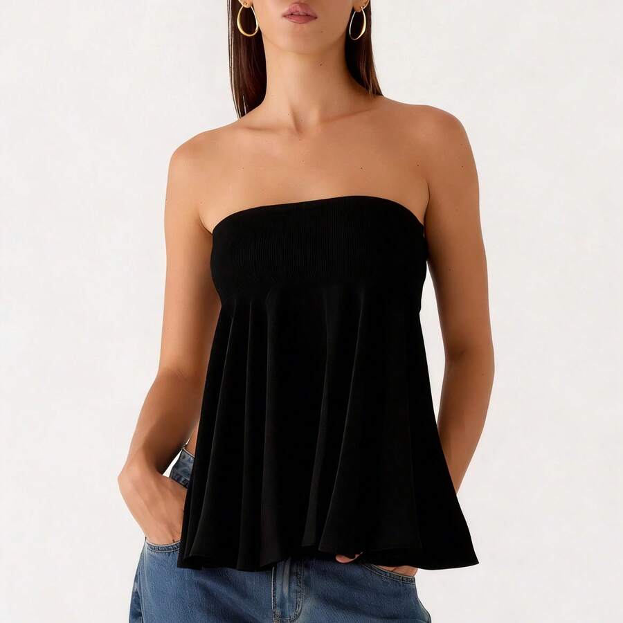 Women's Strapless Backless Tie Back Peplum Top - Off Shoulder Flowy Ruffle Hem Blouse - Black - View 1