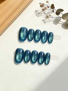 10片/套 手工制作可佩戴美甲贴，冰湖蓝猫眼假指甲，美白可卸按压式美甲贴纸，女士适用 - 彩色 - 查看 3