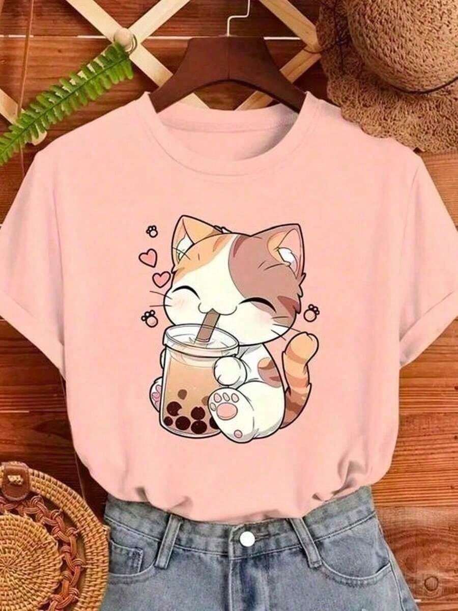 Women's Cute Cat Milkshake Printed T-Shirt, Cotton, Casual, Comfortable - 淺粉色 - 查看 1