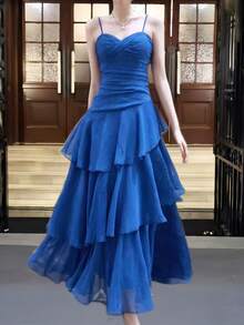 Elegant Asymmetric Ruffle Strap Dress, Fashion Versatile, Suitable For Women, Minimalist Spaghetti Strap Design, Suitable For Party, Prom, Evening, Birthday, Wedding, Back To School And Other Occasions, Dignified And Slim-Fitting Style Summer - Navy Blue - View 9