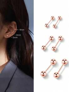 GAGAFEEL 1 par de pendientes de plata de ley 925 vintage minimalistas con cuentas pequeñas en color oro rosa, adecuados para uso diario de hombres y mujeres, un regalo de joyería de moda - Oro rosa - Ver 2