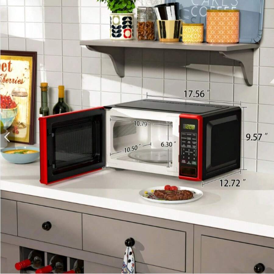 0.7 Cu Ft Countertop Microwave, 700 Watts Compact Microwave Oven, Red Small Microwave With Push-Button Door, 6 Quick-Set Menus For Dorm Office - View 1