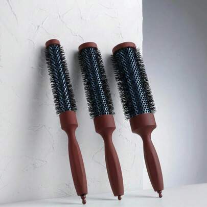 1支红棕色超长铝制圆筒美发造型梳，可用于卷发、顺滑、蓬松造型，防静电，锥形梳头