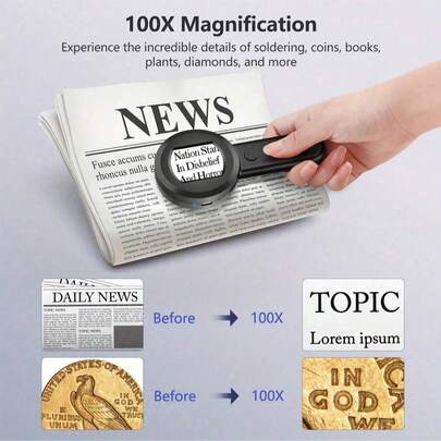 手持式数码显微镜，配备2英寸IPS屏幕、摄像头、Type-C USB2.0接口、双色LED灯、USB充电、可充电锂聚合物电池，500mAh，适用于智能手机的便携式电子放大镜