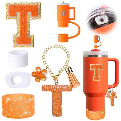 Orange Cup Accessories Set For Stanley Cup 30oz 40oz Tumbler With Handle, Including Straw Topper Cover Cap And Boot, Spill Proof Stopper, Handle Charm, Initials Sticker(Letter T