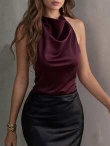 Elegant French Style Draped Neck Backless Sleeveless Silk Satin Camisole Top, Suitable For Daily Wear, Dates, Gatherings, Parties, Valentine's Day, Vacation Summer - Wine Red - View 1