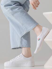 1/5双随机女士白色卡通动物、蝴蝶结、花朵图案硅胶防滑透气吸汗休闲浅口隐形船袜 - 彩色 - 查看 12