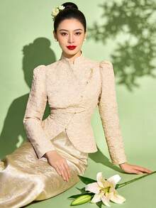 1 pièce Top à manches longues et col V imprimé jacquard moderne pour femmes, élégant et gracieux, convient pour le printemps/été, couleur champagne - Champagne - Voir 4
