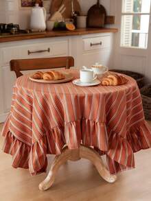 1pc Caramel Striped Ruffled Tablecloth, Modern Minimalist Household Dining Table Cover, Square Dust-Proof Cloth Suitable For Restaurant, Living Room, Kitchen Decor - Caramel - View 6