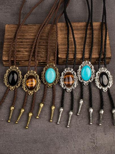 1件复洛克风格椭圆形波洛领带，男士西部牛仔合金编织绳项链，配饰