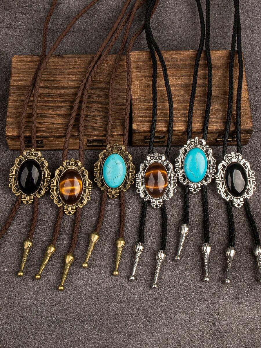 1件复洛克风格椭圆形波洛领带，男士西部牛仔合金编织绳项链，配饰 - 款式二 - 查看 1