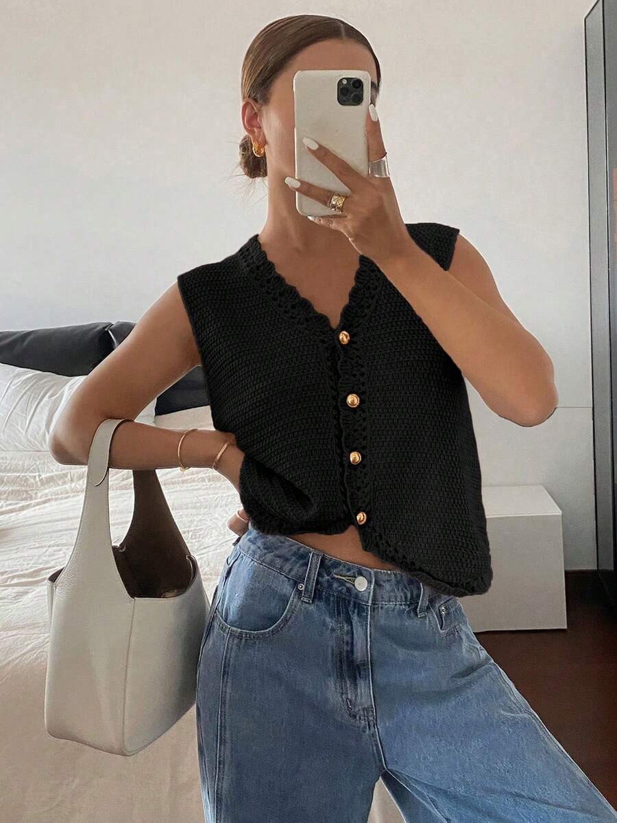 Camiseta de punto de unicolor para mujer, top de punto sin mangas casual adecuado para el verano, suéter de punto de moda para uso diario en color negro - Negro - Ver 1