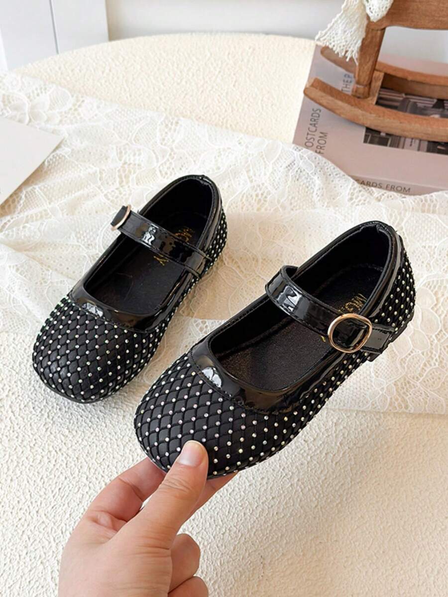 Girls' White Grid Rhinestone Mary Jane Flats, Adjustable Buckle Soft Sole Princess Party Shoes - Black - View 1