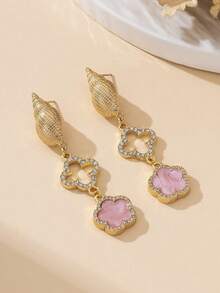 1 Pair Luxury Elegant Radiant Hollow Four-Leaf Clover & Five-Leaf Clover Shell Pendant Earrings For Women, Summer Beach Style - Pink - View 4