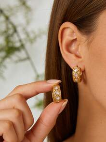 1对时尚立方氧化锆U形耳环，女士金色几何耳环，婚礼派对珠宝礼物 - 多色1 - 查看 7